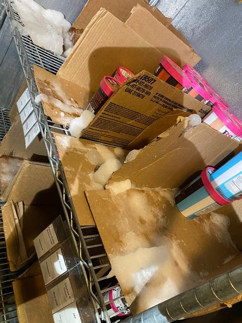 Ice on shelving and cartons near the evaporator.