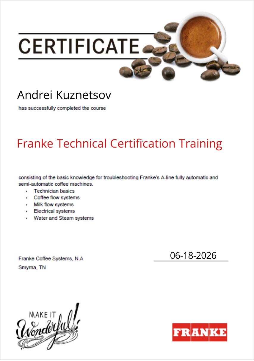 Franke Technical Certification — A-Line Coffee Systems certificate, dated 2026/06/18.