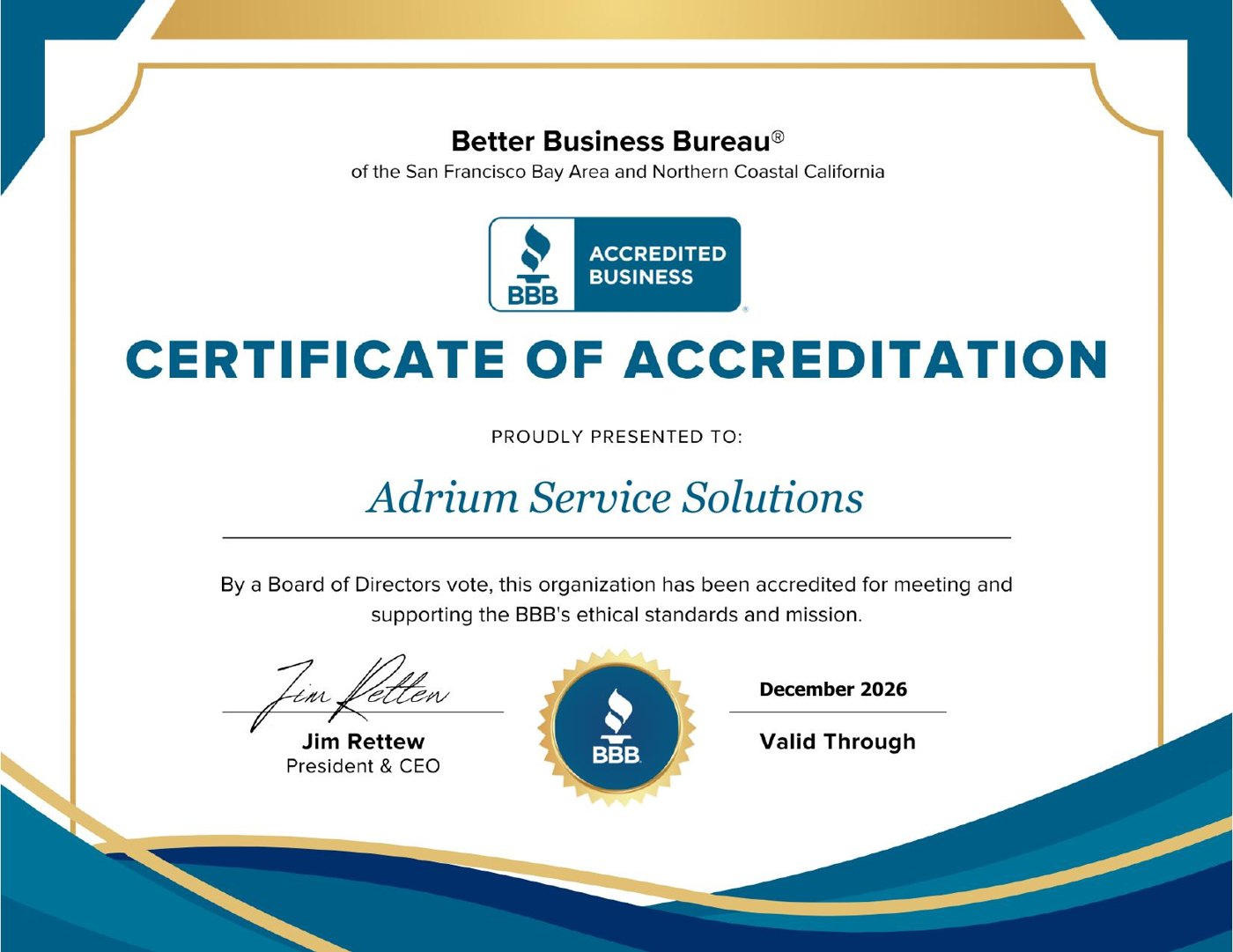 Better Business Bureau Certificate of Accreditation awarded to Adrium Service Solutions by the BBB of the San Francisco Bay Area and Northern Coastal California, valid through December 2026.