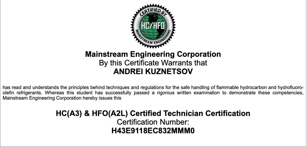 HC(A3) and HFO(A2L) Certified Technician certificate awarded to Andrei Kuznetsov by Mainstream Engineering Corporation, certification number H43E9118EC832MMM0, for safe handling of flammable hydrocarbon and hydrofluoro-olefin refrigerants.
